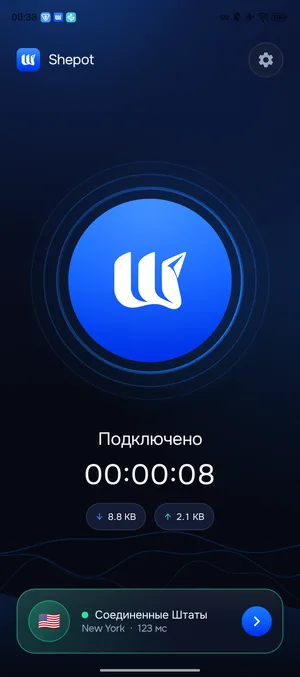 главный экран: подключено, таймер сессии, трафик