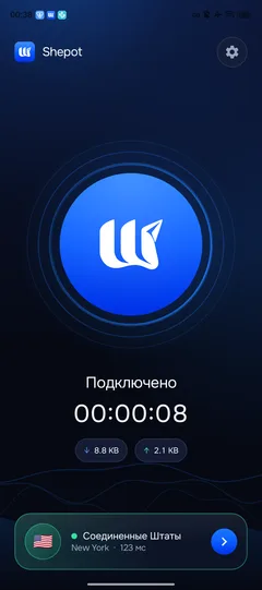 главный экран: подключено, таймер сессии, трафик